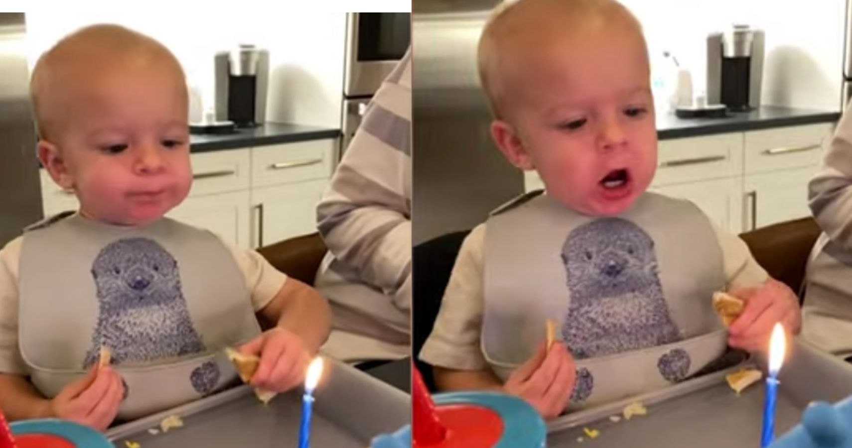 Toddler Struggles Blow Out Birthday Cake Candles