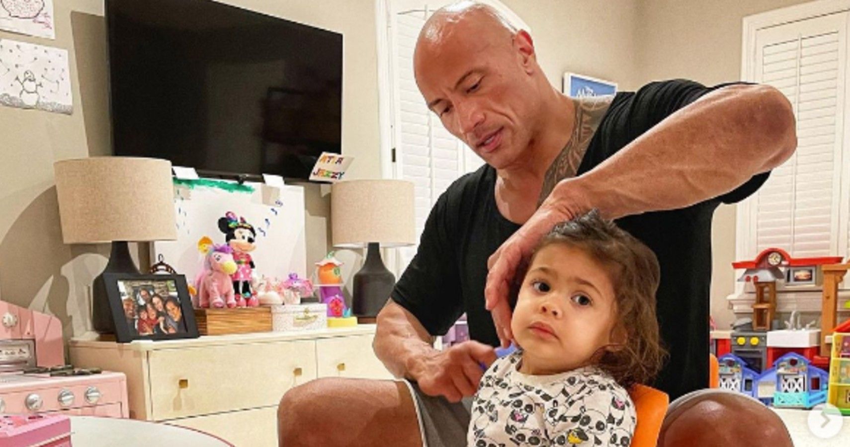 Daddy Daughter Moment: Dwayne Johnson Brushes Toddler Daughter's Hair
