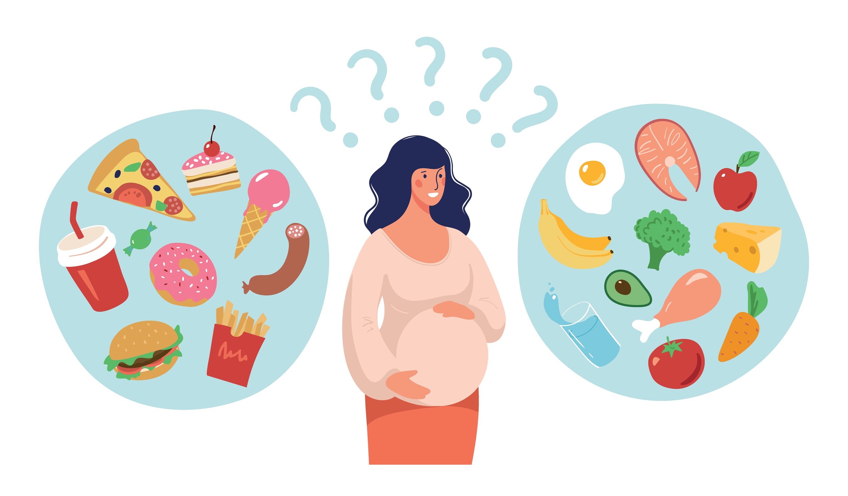 cartoon pregnant woman deciding what food to eat