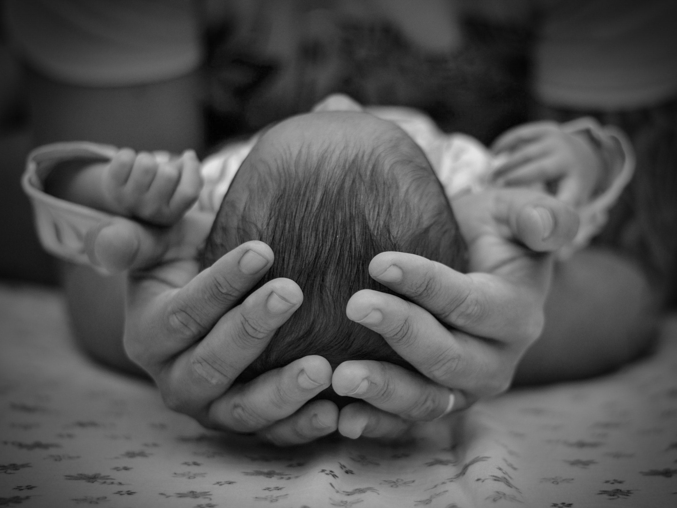 black and white baby held in hands