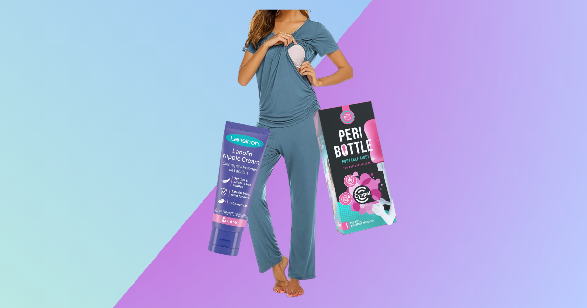 postpartum product including nipple cream, pajamas, and a box for a peri bottle