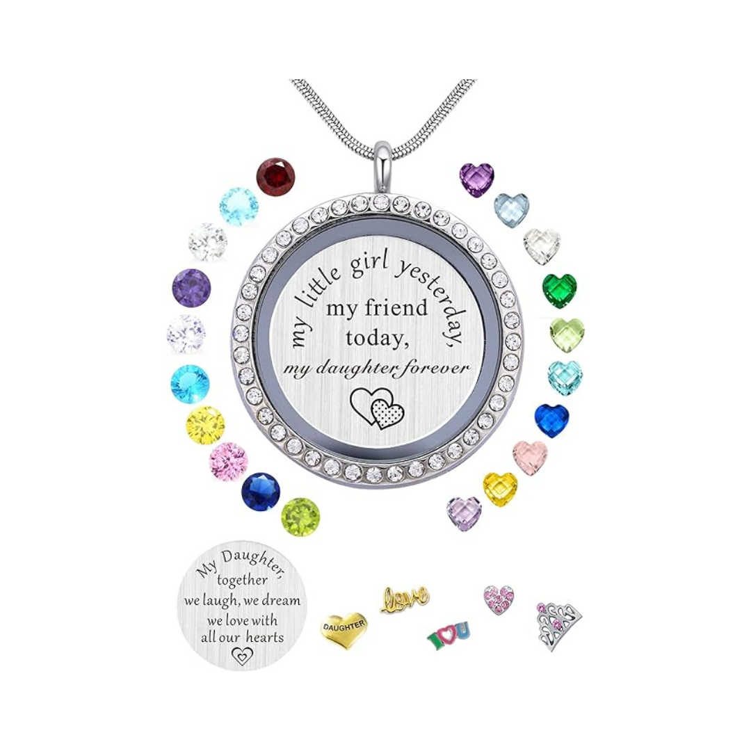 Beffy Store Floating Charm Lockets with Birthstone Stainless Steel Necklace