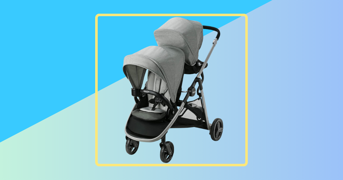 Blue background with a gray double stroller