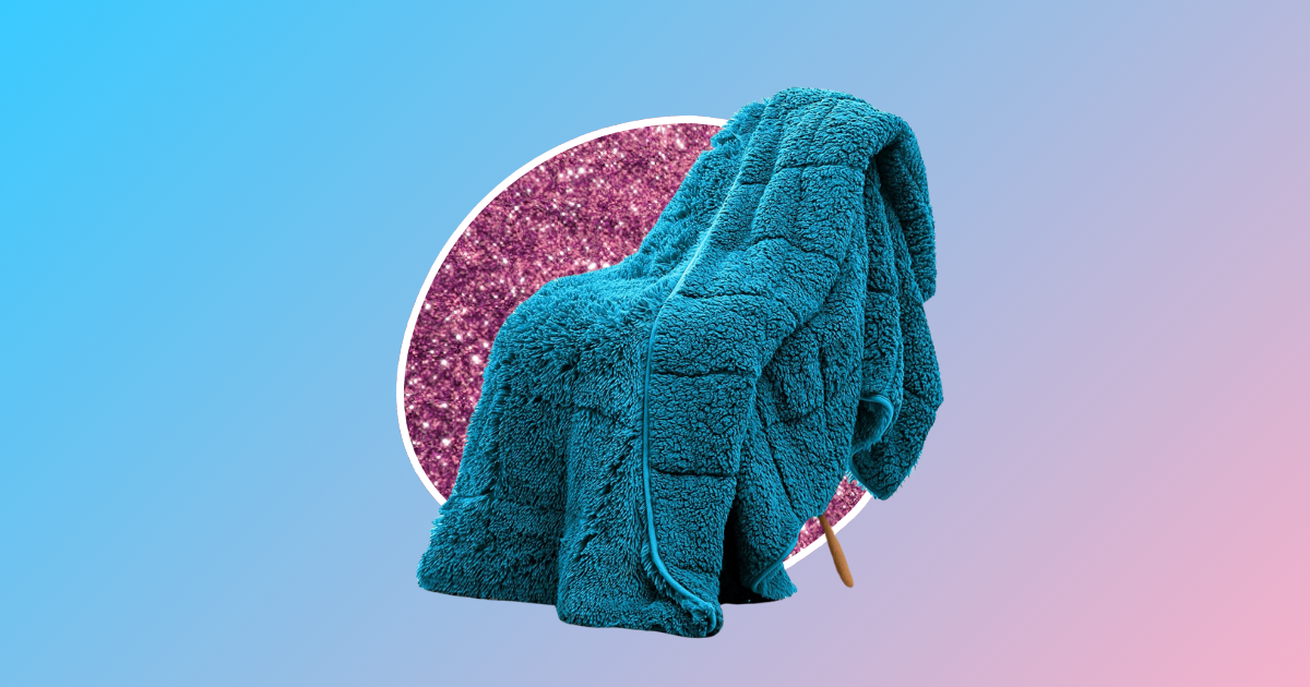 blue background with a pink glitter circle and a teal blanket