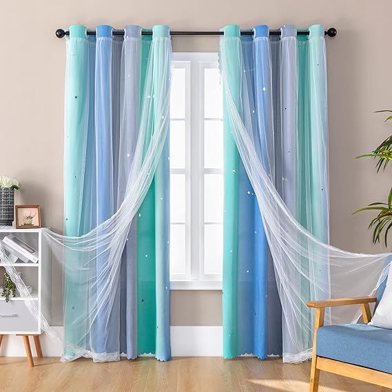 XiDi Dream Star Purple Green and Blue Blackout Curtain with Sheer Curtain