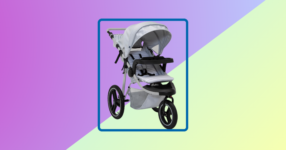 purple and green background with a grey jogging stroller