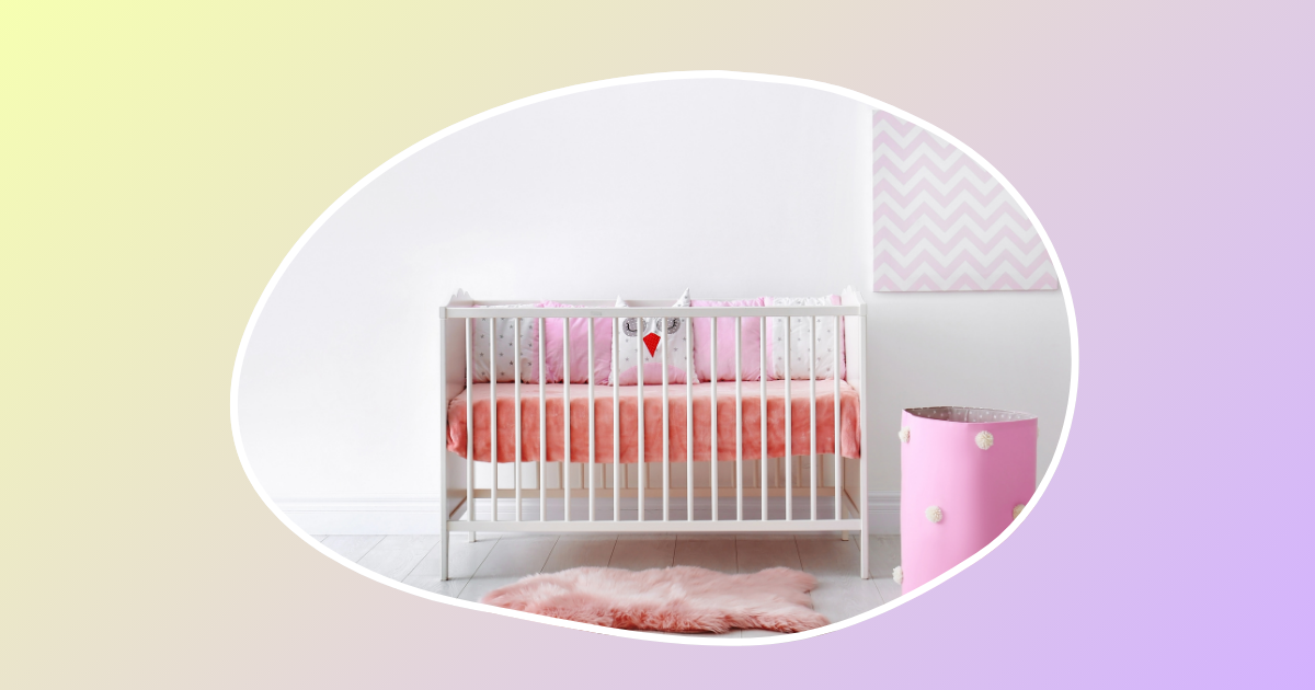 purple and yellow background with a white crib