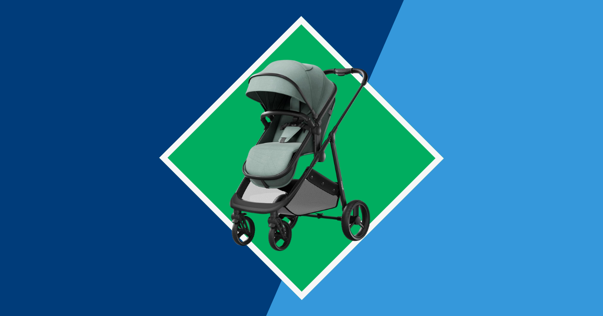 blue background with a green square and a stroller