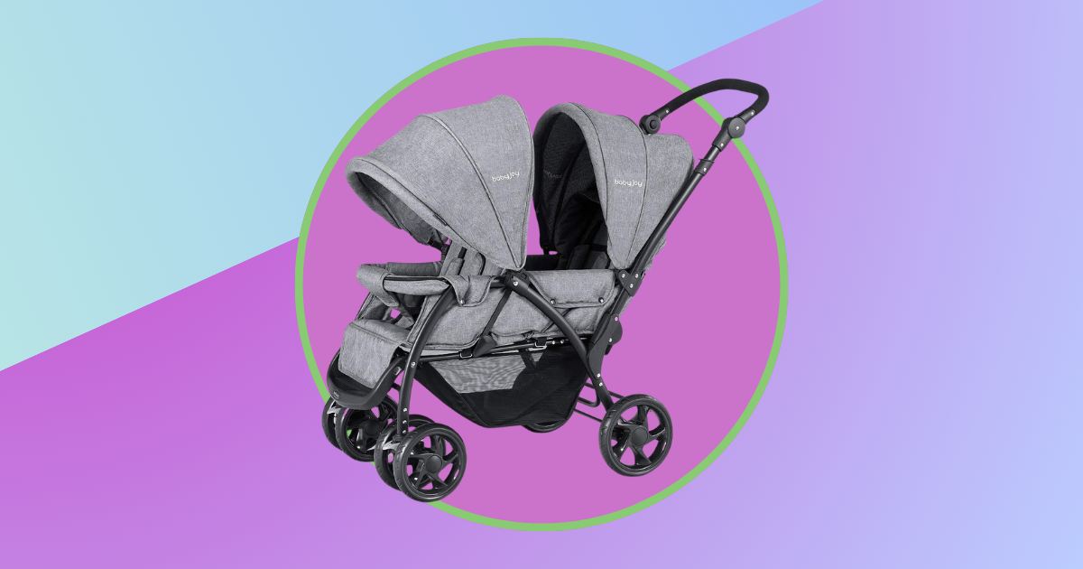 purple and blue background with a grey double stroller