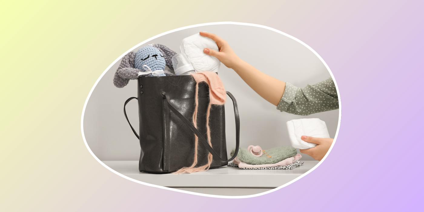 Purple and yellow background with a brown diaper bag with a blue toy