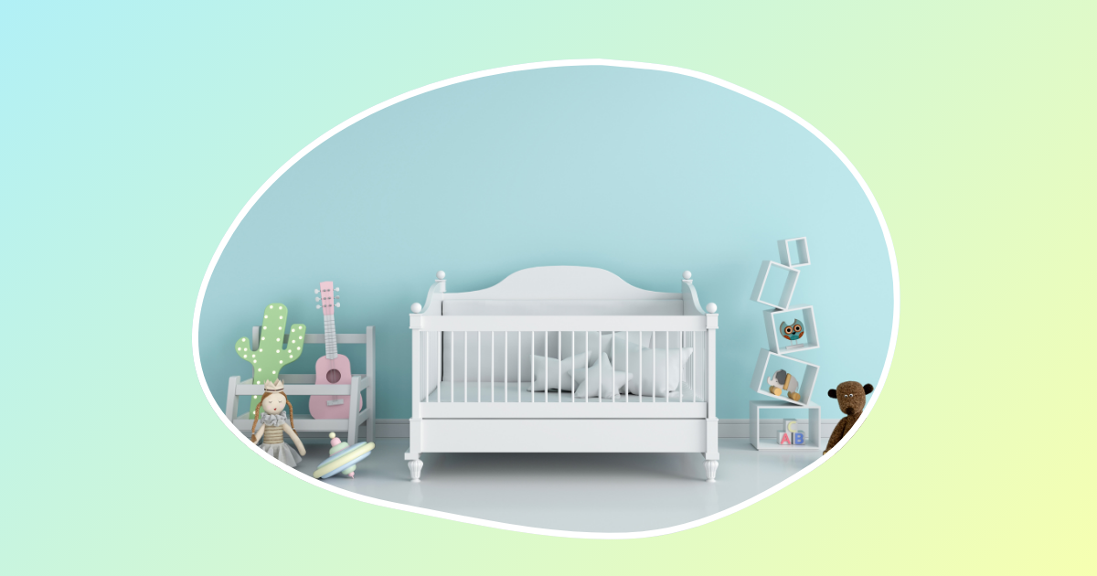 yellow green gradient background with a white crib