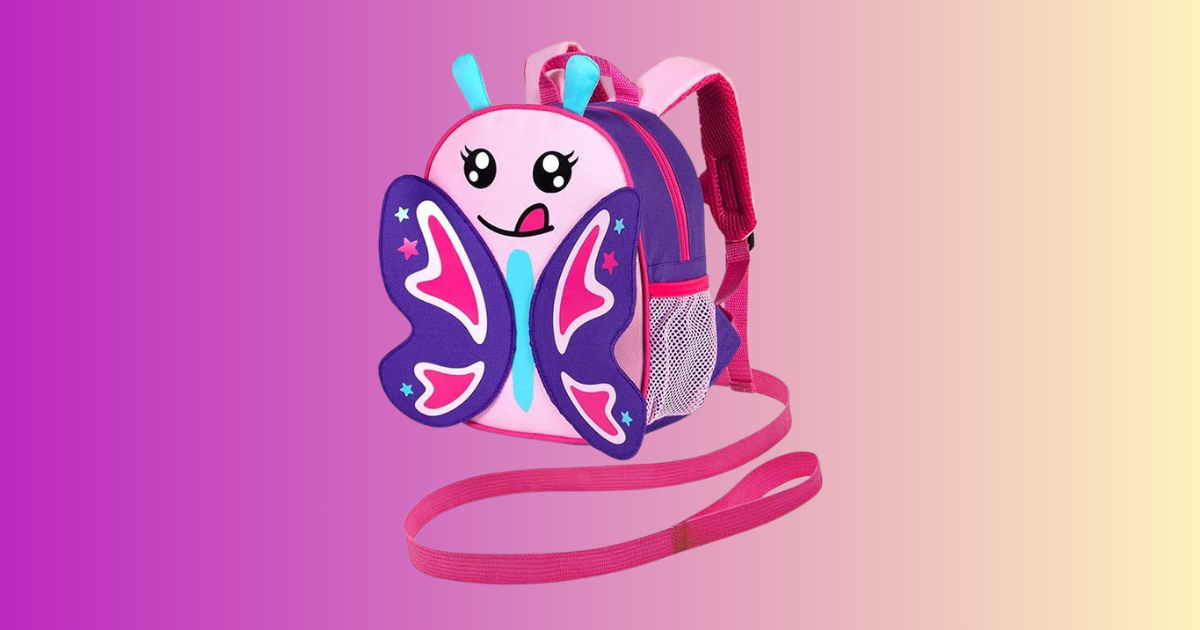 purple and yellow background with pink and purple backpack