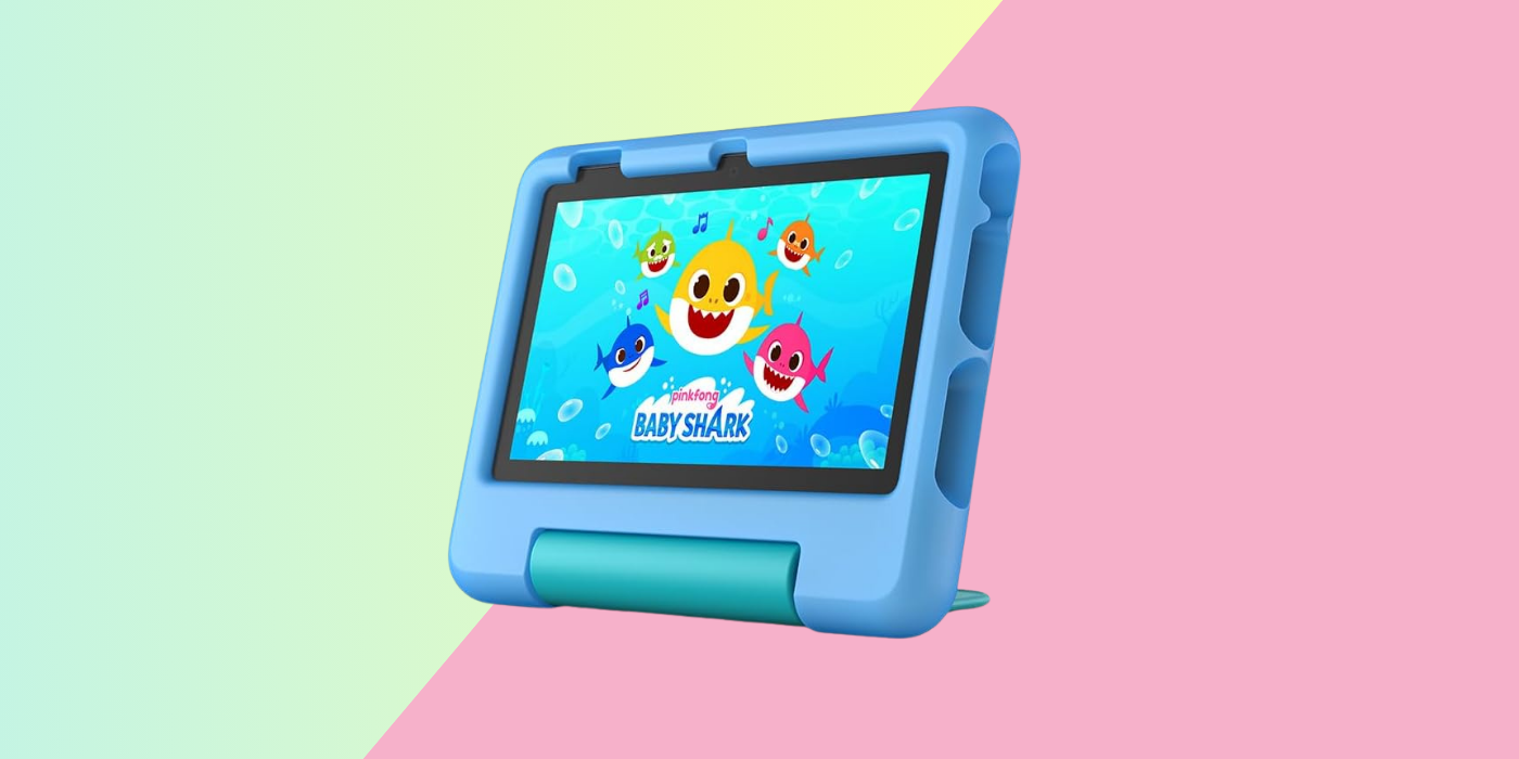 blue and yellow and pink background with a blue amazon tablet with baby shark