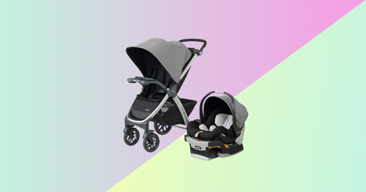 pink blue yellow and green background with grey stroller