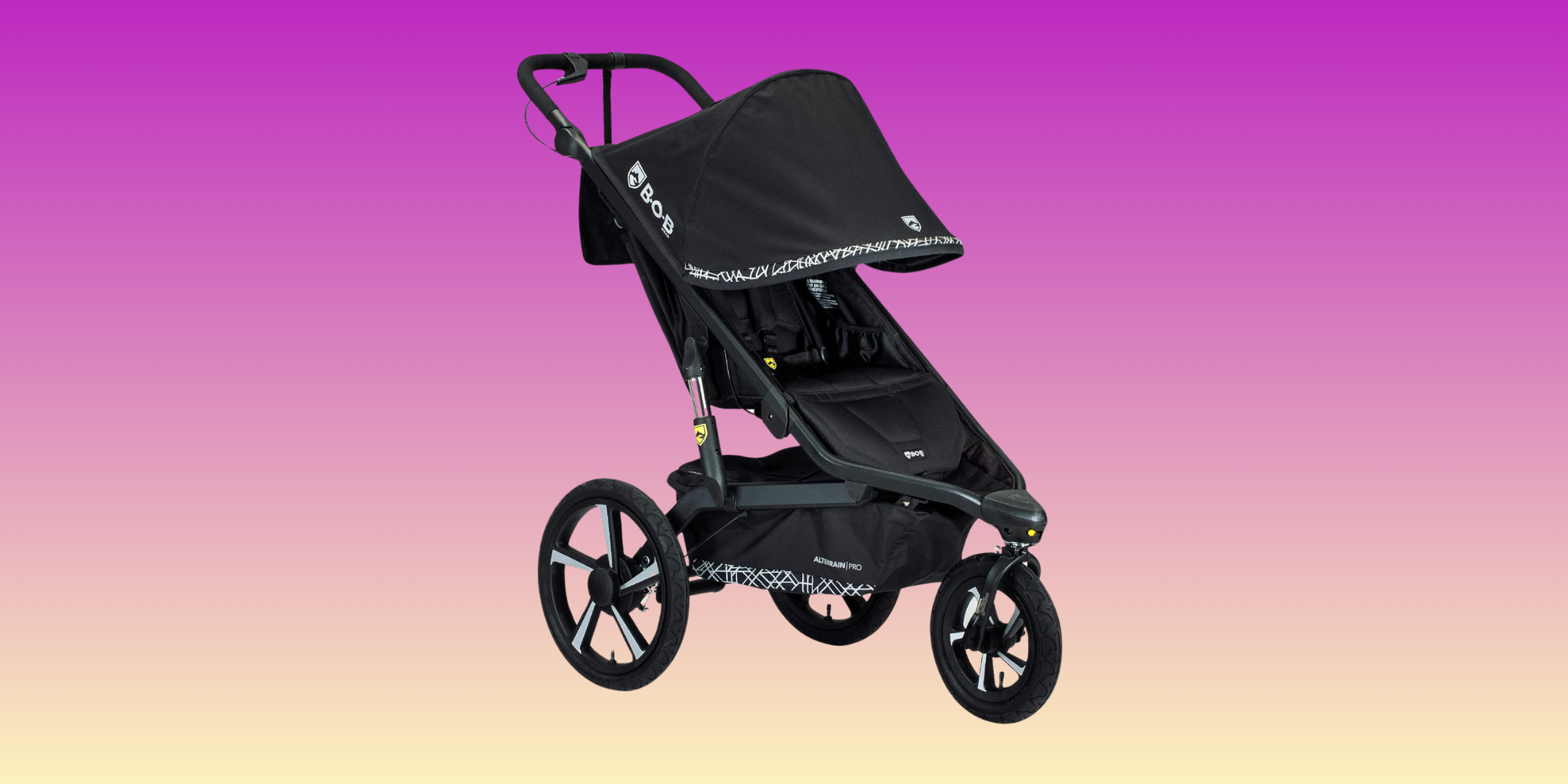 pink and yellow background with black stroller