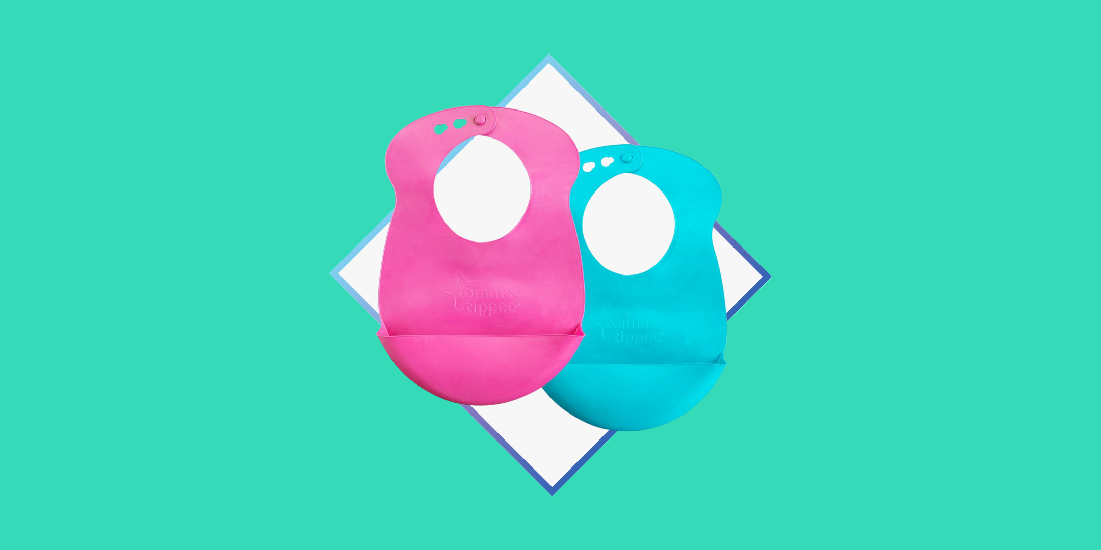 green background with pink and blue bibs