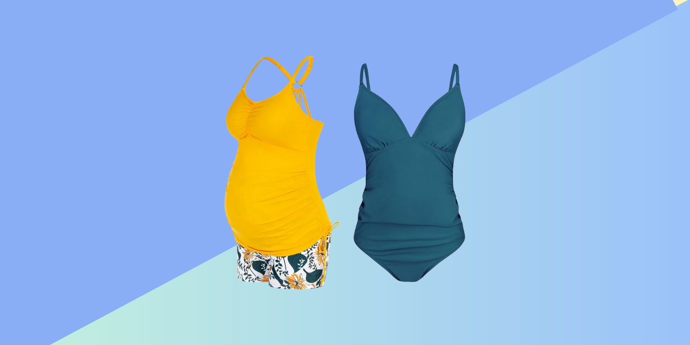Blue and light blue background with a yellow swimsuit and a blue one