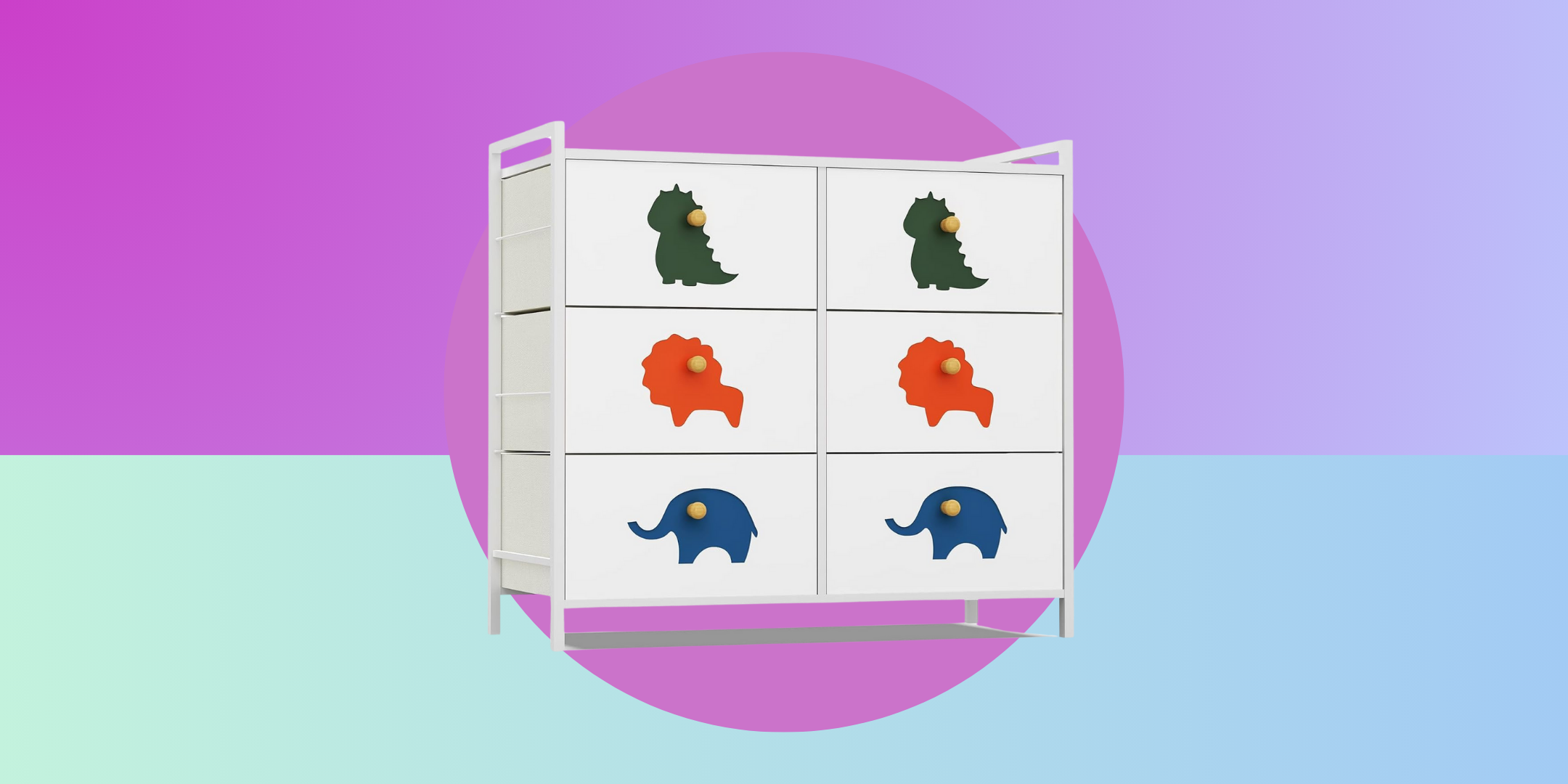 Purple and blue background with white dresser and dinosaurs