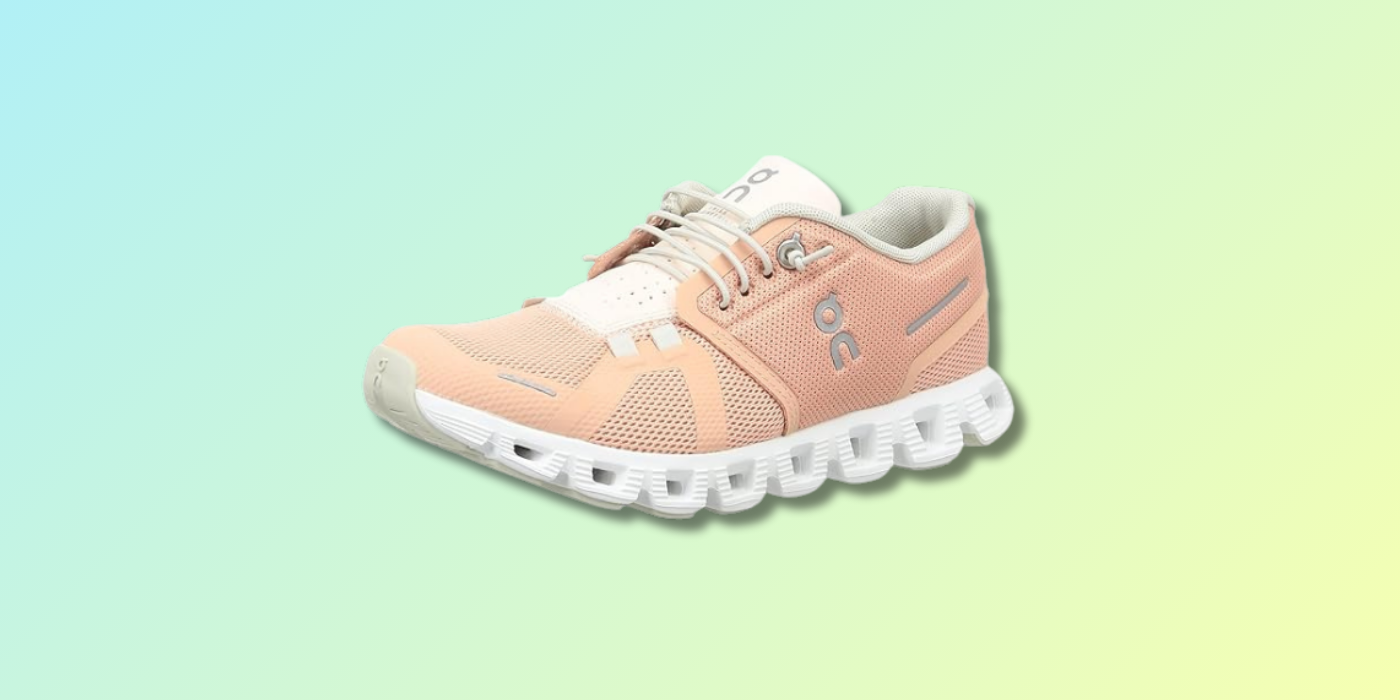 green and yellow background with peach colored sneaker in the center