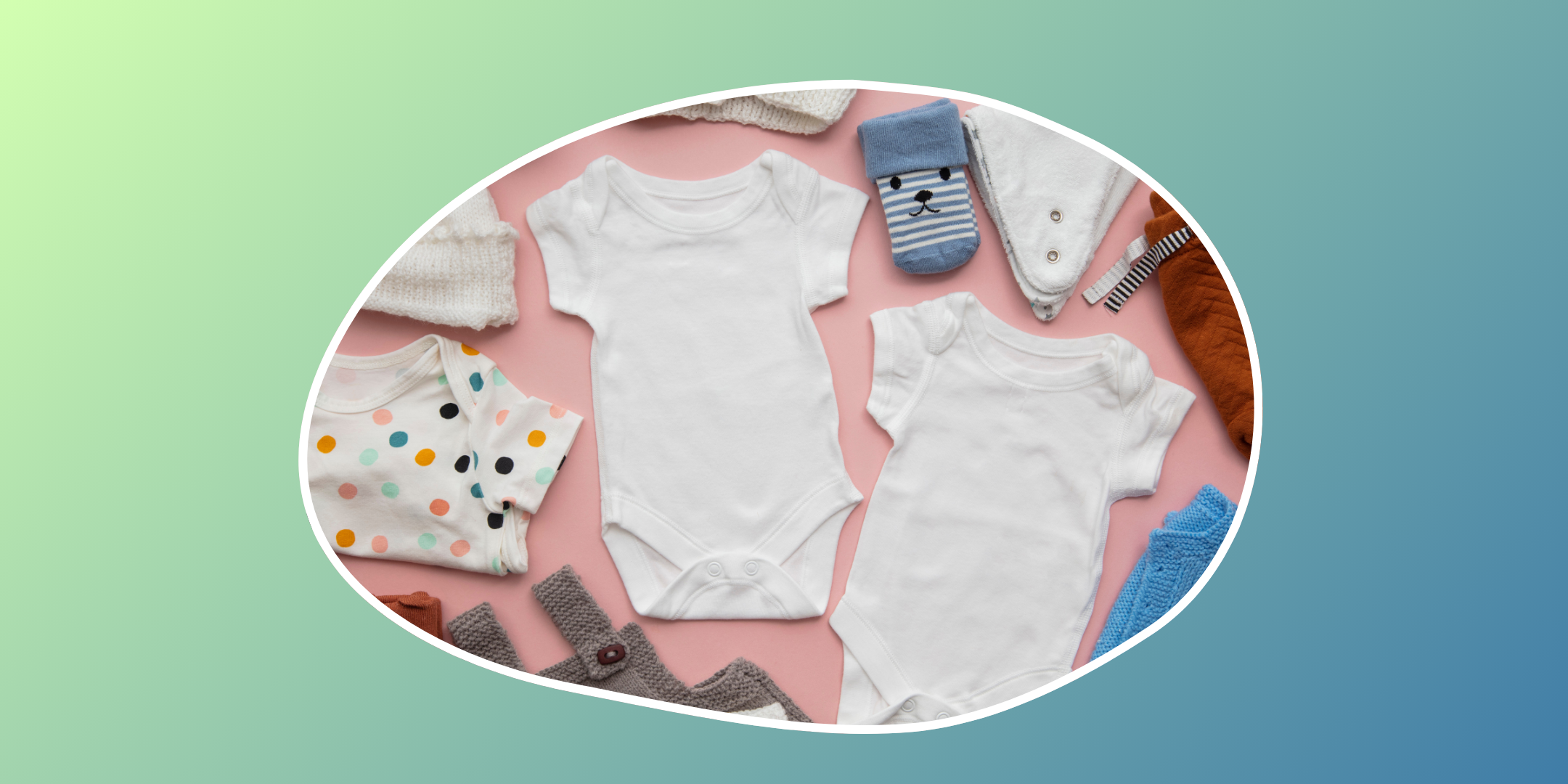 blue and green background with baby clothes in the center