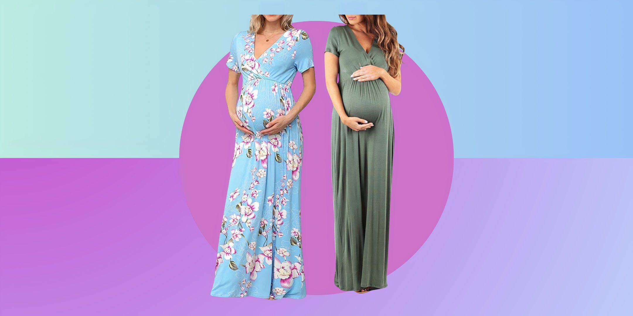 green and purple background with pregnant women in dresses