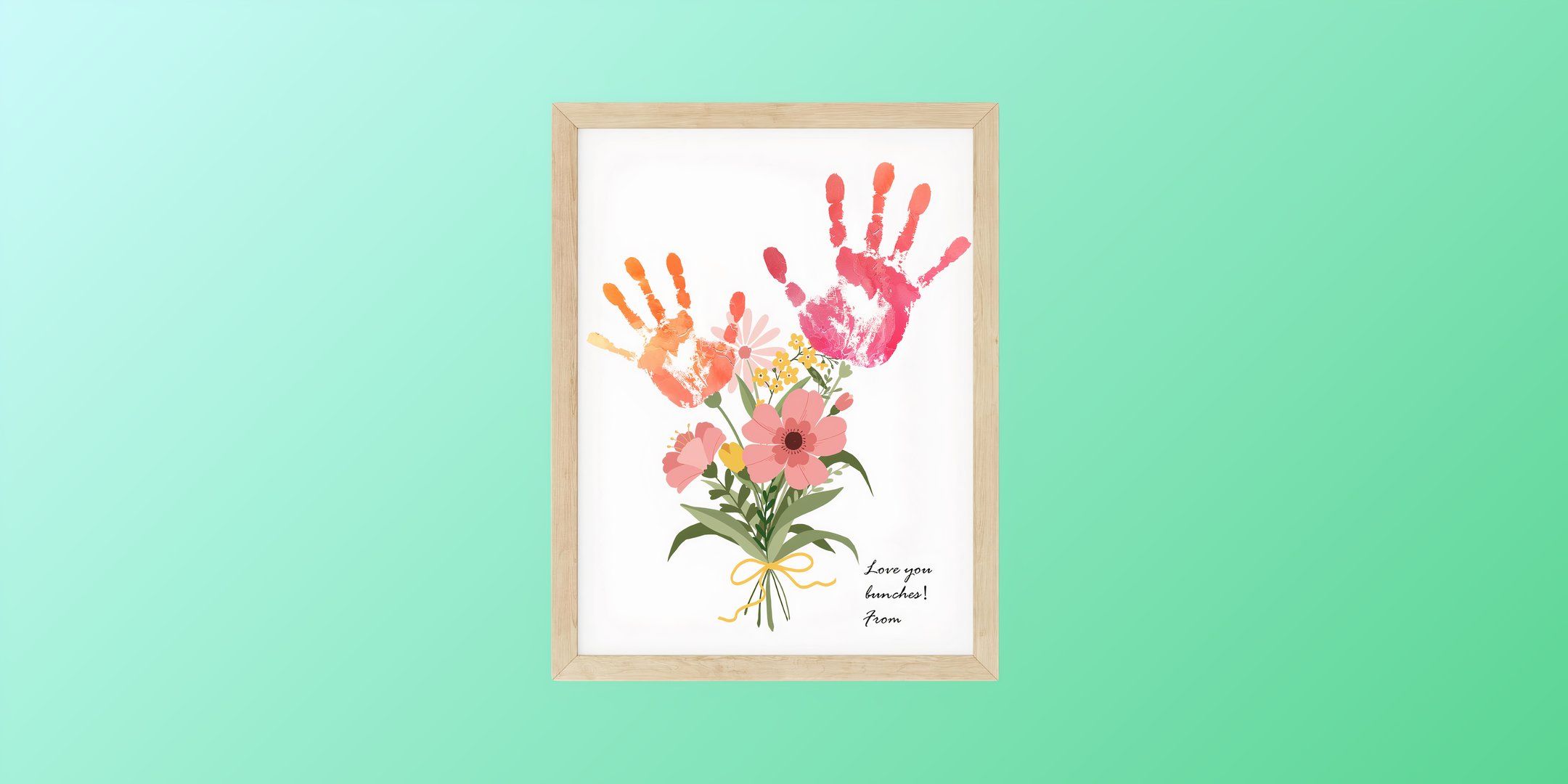 green background with frame of flowers with handprints